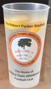 My reusable, dishwasher safe, Ashford Town (Middlesex) pint pot, filled with lemonade